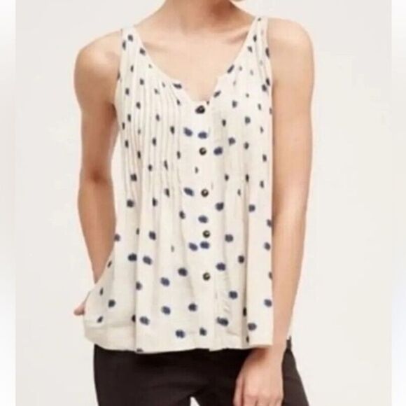 Anthropologie Maeve Saona Polka Dot Tank Pleat Swing Tan Blue medium 8 - Picture 1 of 14